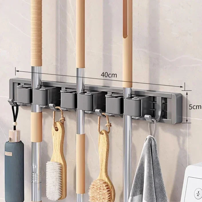 Wall-Mounted Mop and Broom Organiser, Grey