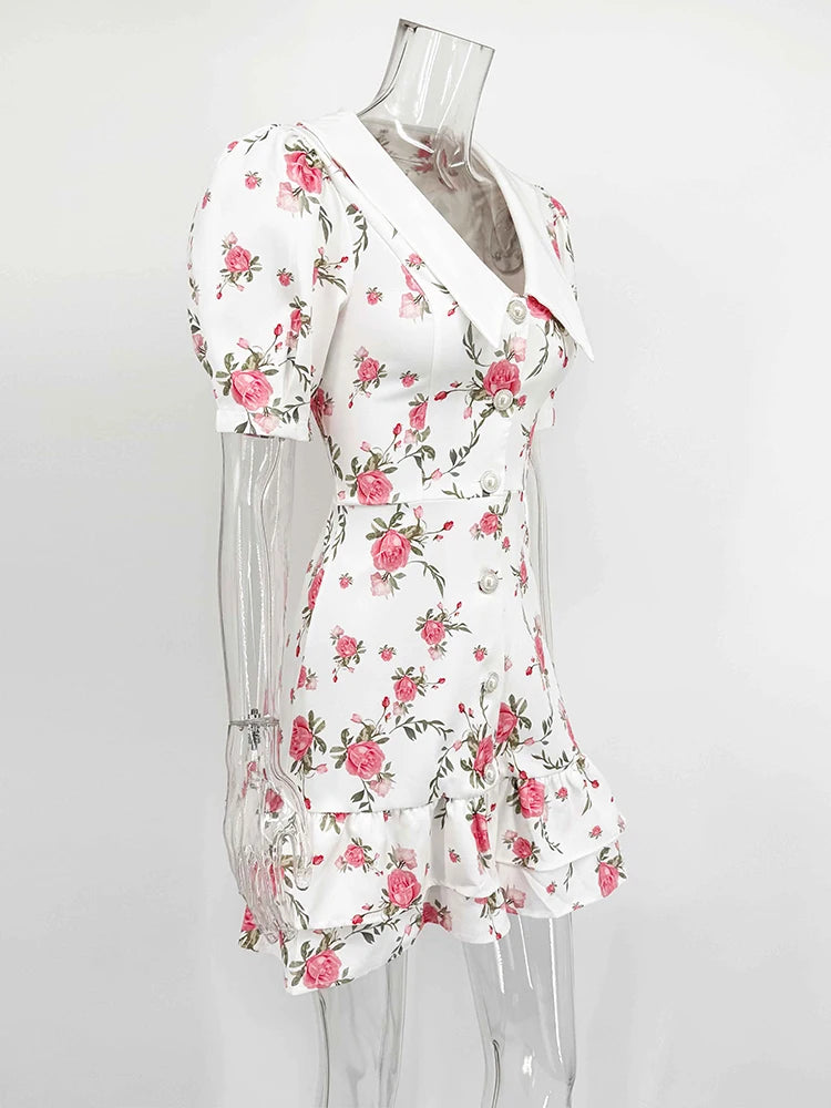 Tornova Print Puff Sleeves Ruffled Dress Women's V-Neck High Waist Pearl Buttons Mini Dress Female Casual Vacation Fashion Dress 