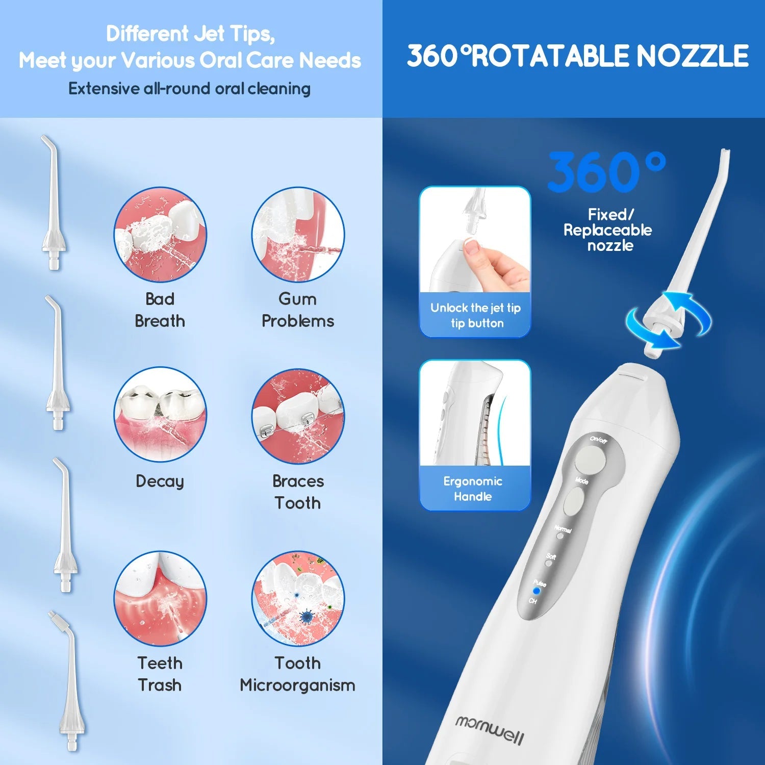 Water Dental Flosser Teeth Picks 4 Jets 3 Modes Portable Cordless D52 Water Flosser for Teeth Cleaner IPX7 Waterproof Oral Picks 
