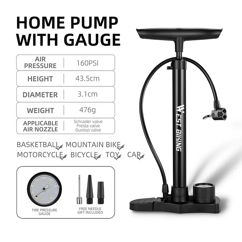 WEST BIKING Biciklistička pumpa 160PSI prenosiva pumpa od nehrđajućeg čelika Schrader Presta ventil inflator za planinske i cestovne bicikle dodaci