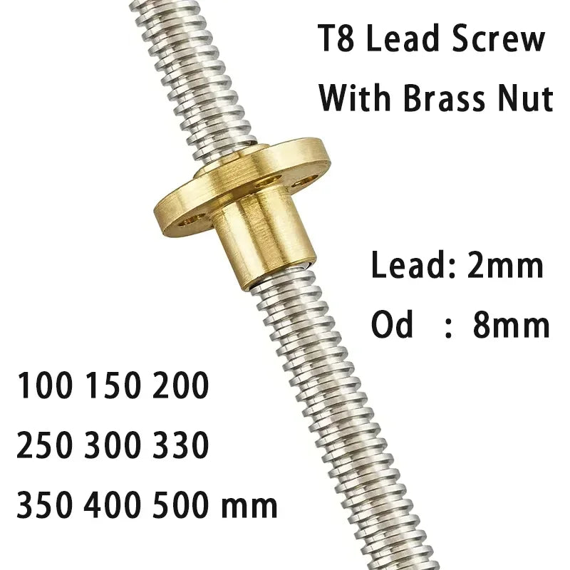 T8-forspindel med messingmøtrik, 8 mm, 2 mm stigning