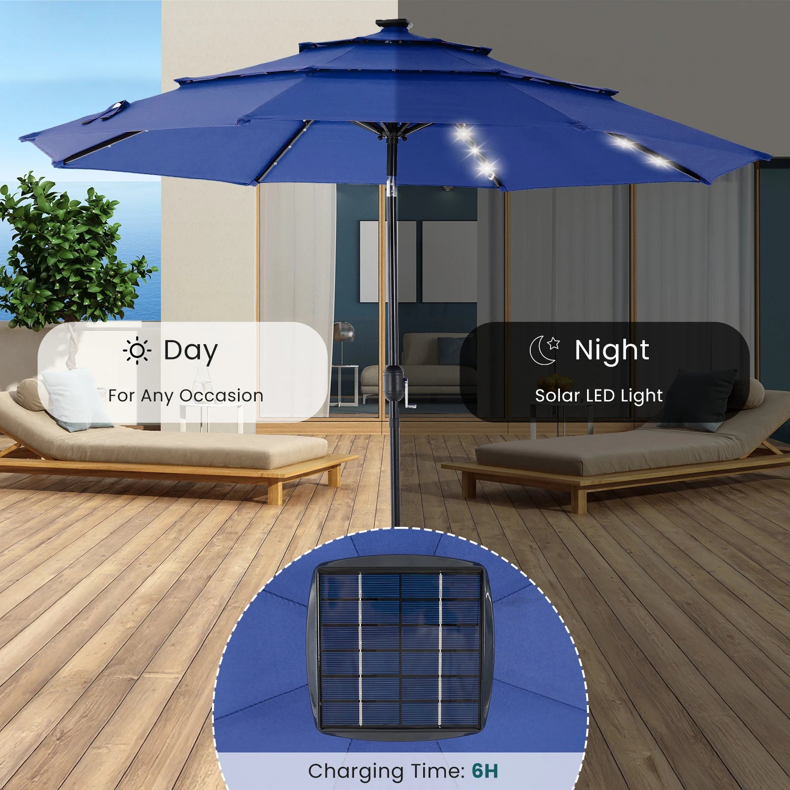Ombrellone da patio a 3 livelli con 32 luci solari LED e sistema di inclinazione