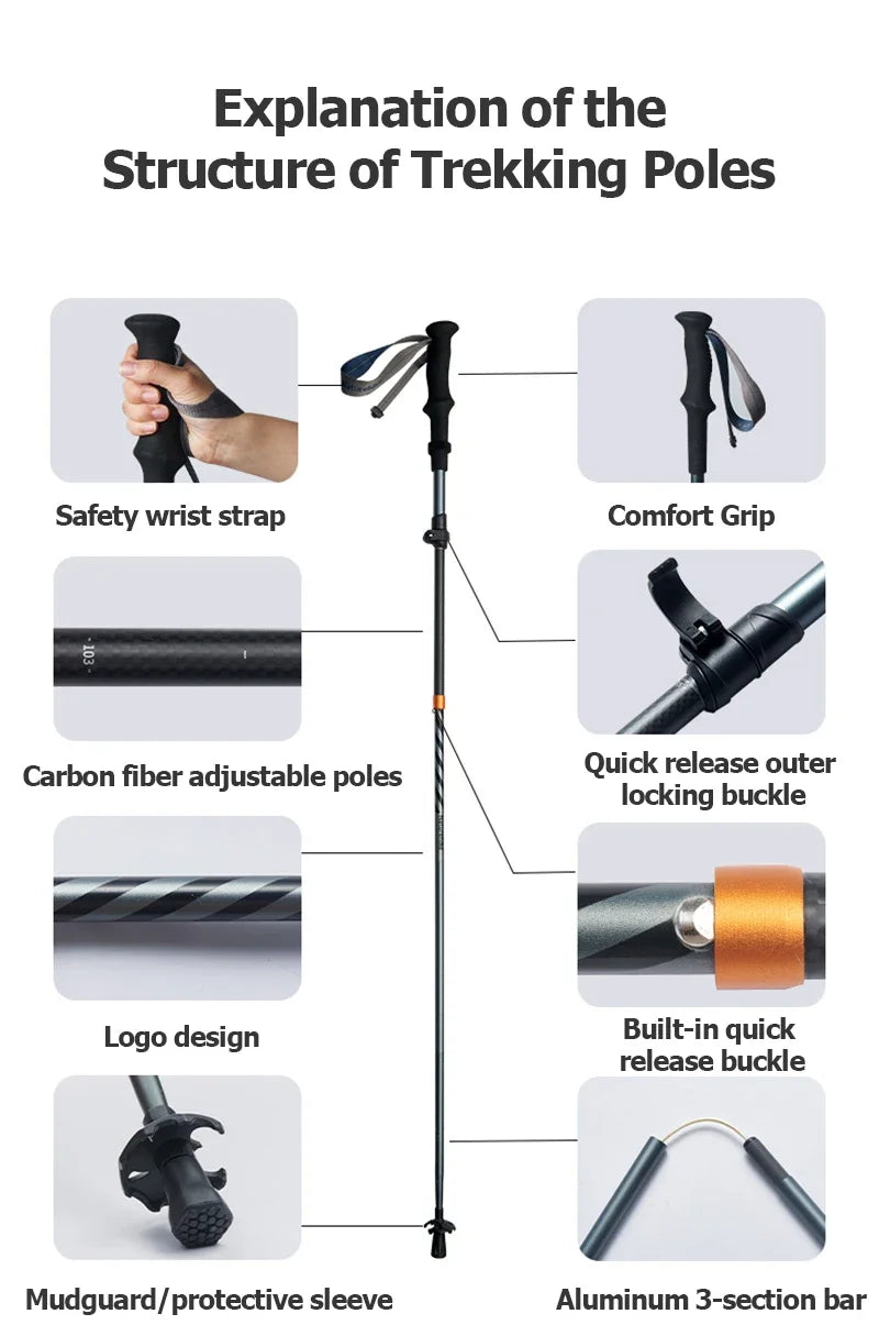 Carbon Fiber Trekking Poles Adjustable 103–135cm Ultralight Hiking Sticks