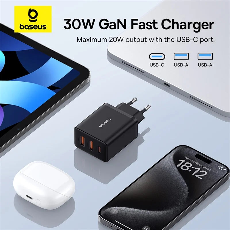 Baseus 30W Gyors Töltő 3-Portos USB-C PD és QC3.0 Fali Adapter