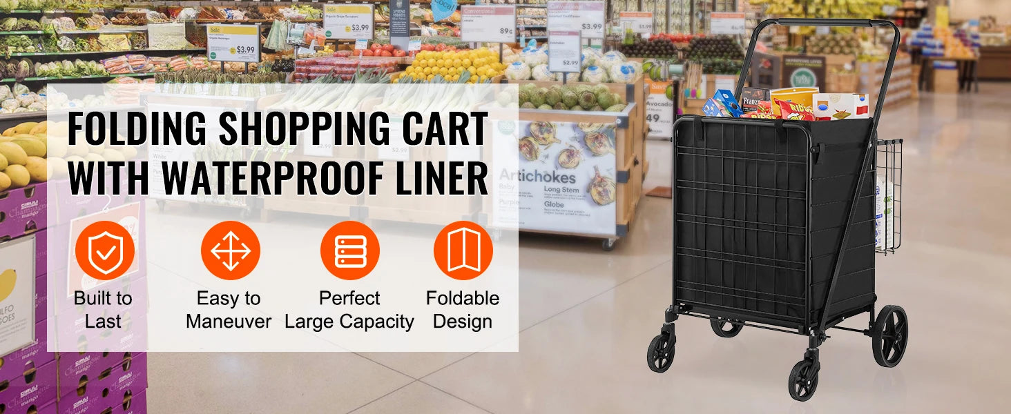 Chariot de courses pliable avec doublure imperméable et capacité de 330LB