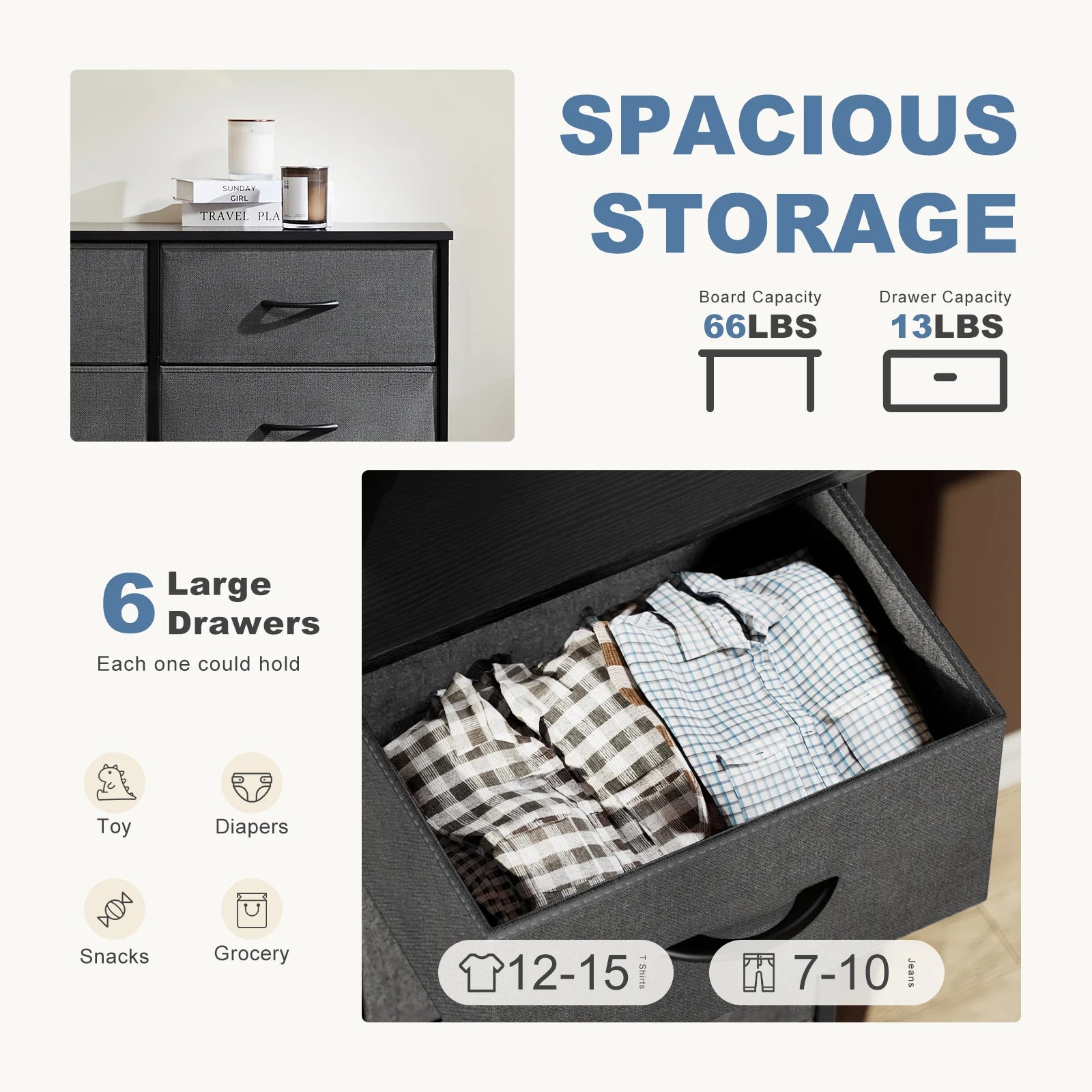 6 Drawer Fabric Nightstand with Metal Frame and Wooden Top