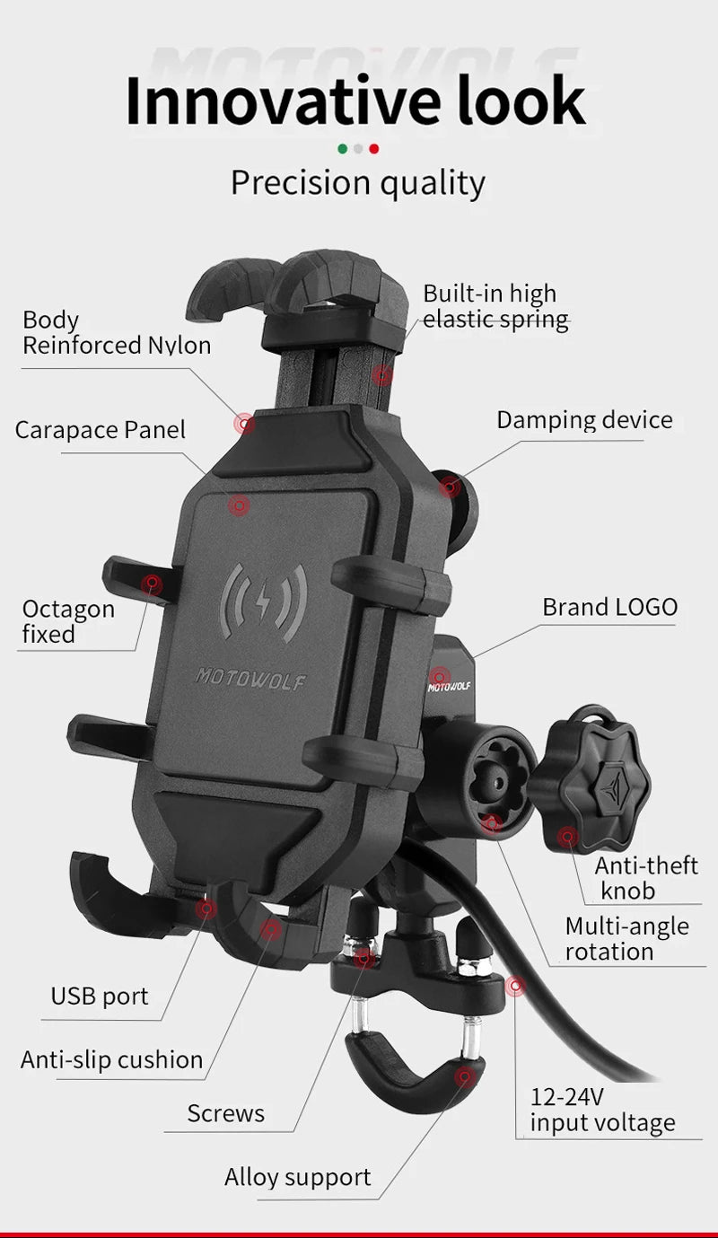 Motorcycle Wireless Charging Phone Mount with 360° Rotation Holder