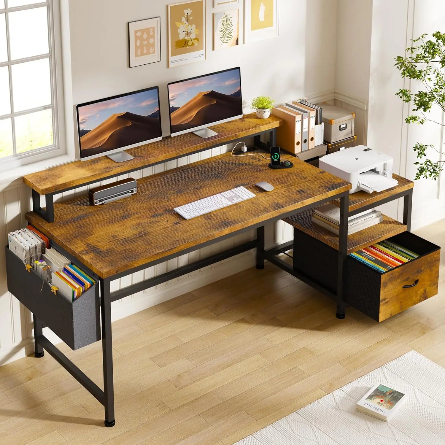 56.5" Office Desk with Drawers, Power Outlets & Monitor Stand