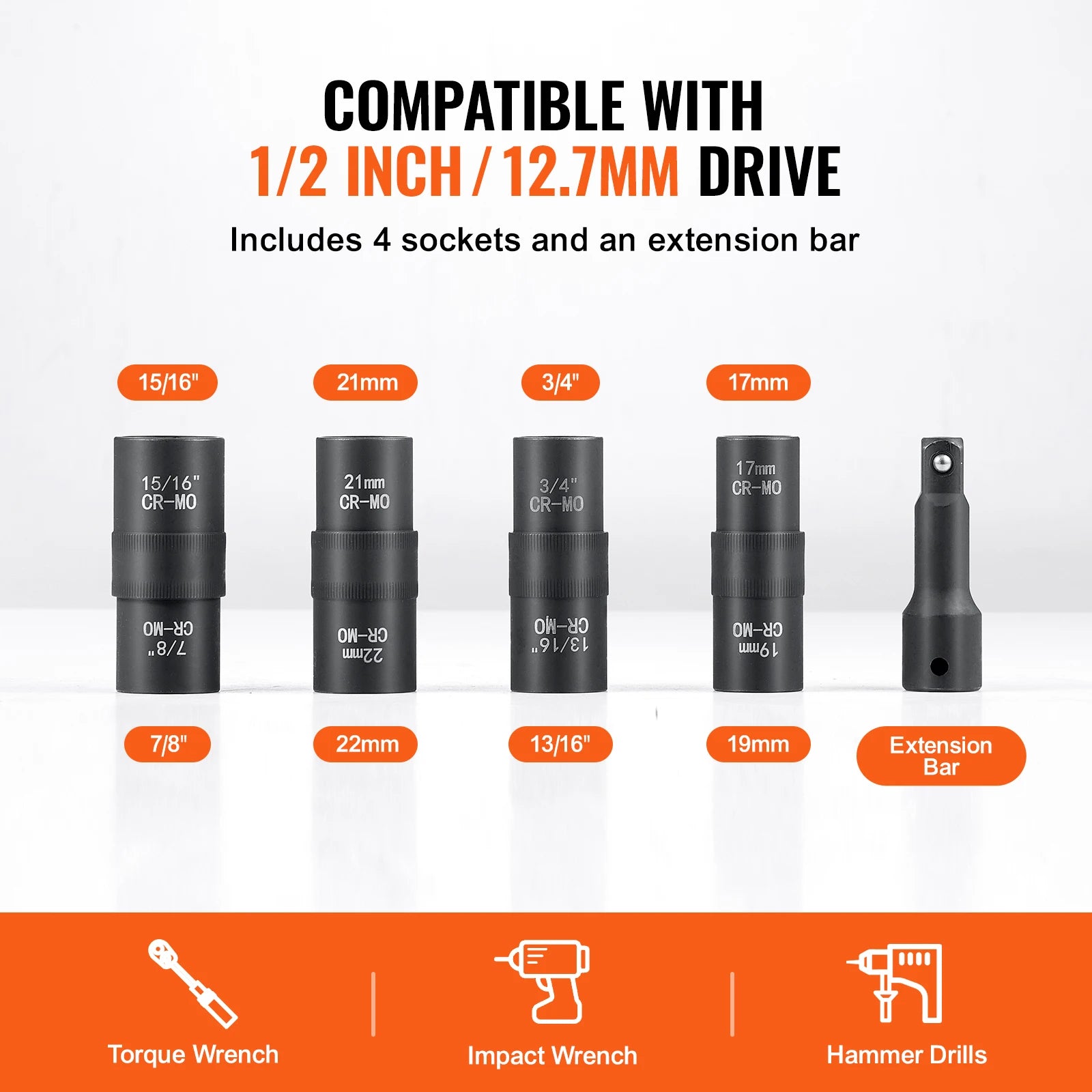 SucceBuy Axle Nut Impact Socket Set Drive Deep 6-Point 8-Piece SAE Spindle Nut Socket Set CR-MO Heat Treated Large Socket Set