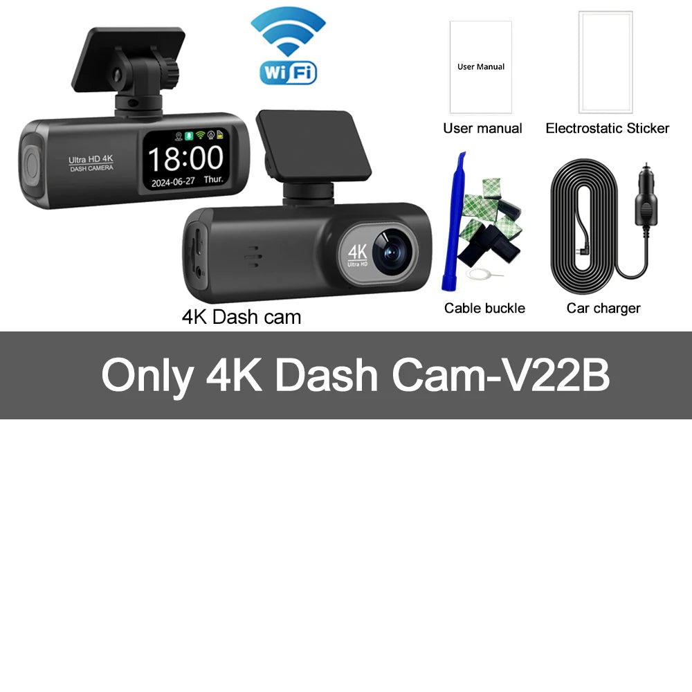 UHD 4K WiFi Dash Cam Dual Lens Driving Recorder Car DVR Optional 1080P Rear Lens Camera GPS 24H Parking Monitoring Black Box 
