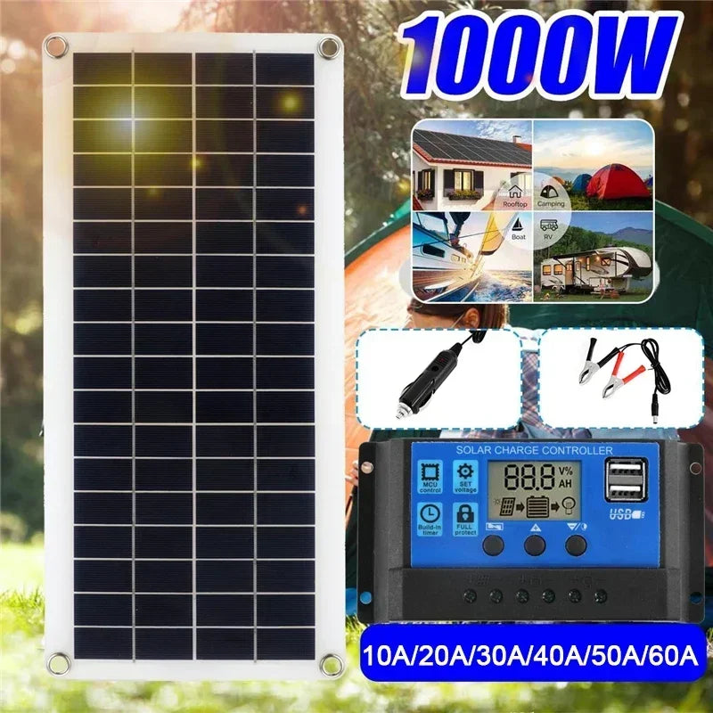 1000W Solar Panel 12V Solar Cell With 60A 100A Controller Solar Charge for Phone RV Car MP3 PAD Charger Outdoor Battery Supply 