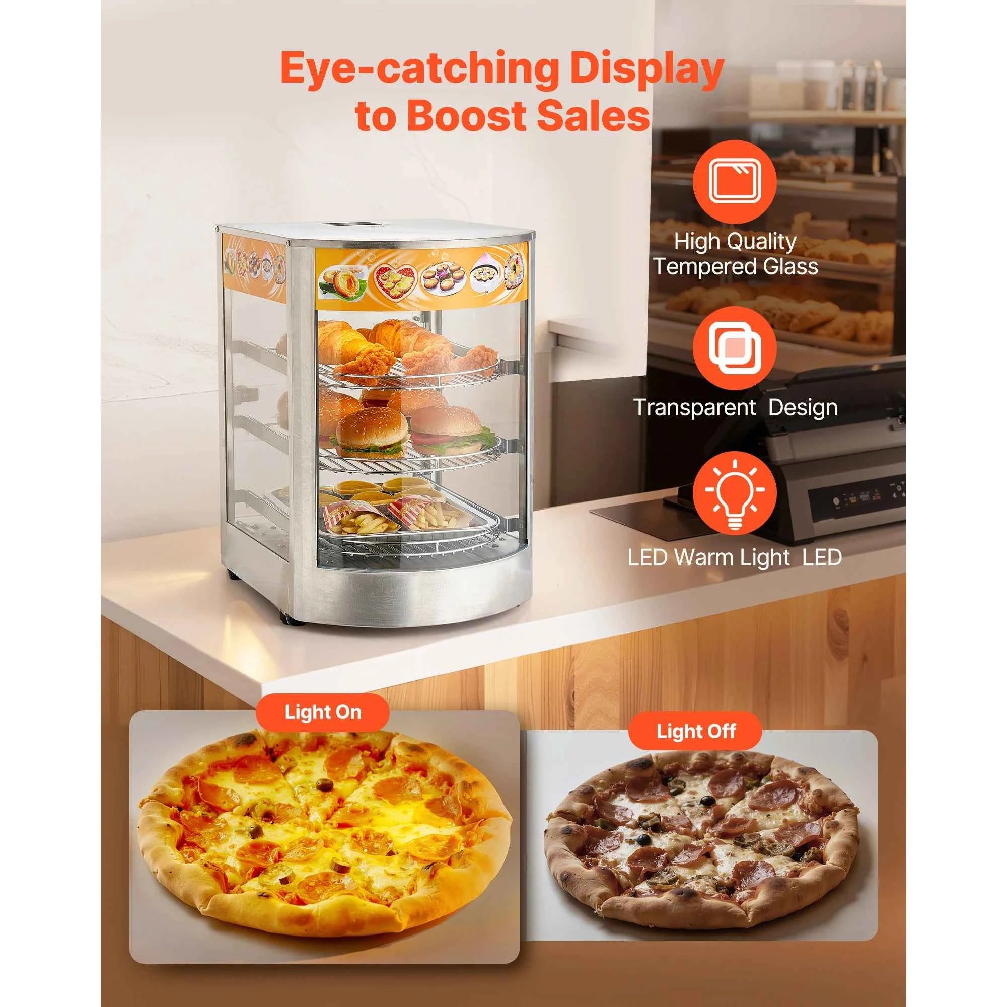 Commercial Food Warmer Display 800W with LED Light and Adjustable Stainless Steel Shelf