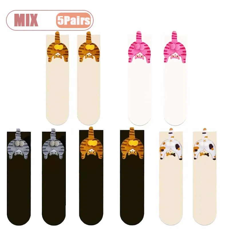 Cartoon Cat Egg Couple Socks Cozy Mid-Calf Cotton for Maternity Warm Winter Cute Present for Christmas Cat Lovers Family 