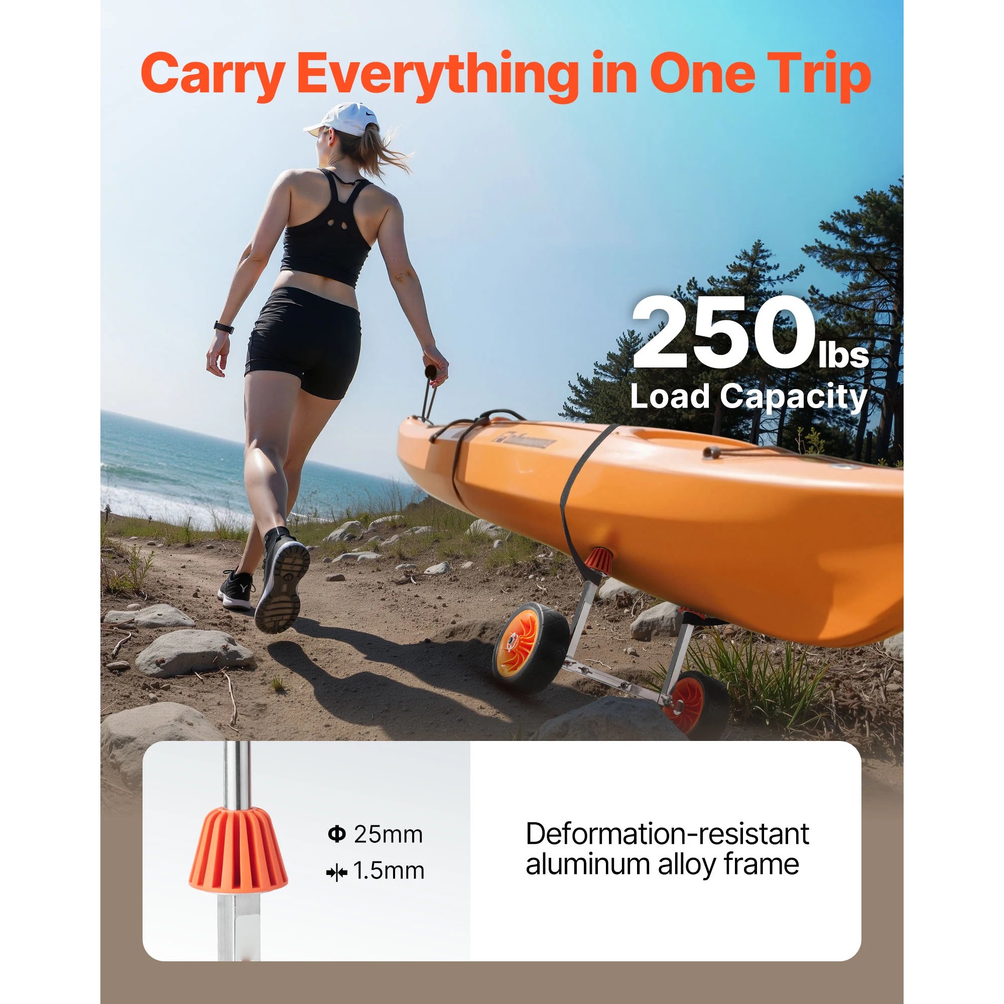 Kajakvogn Dolly 250 lbs med solide dæk og fastgørelsesstropper