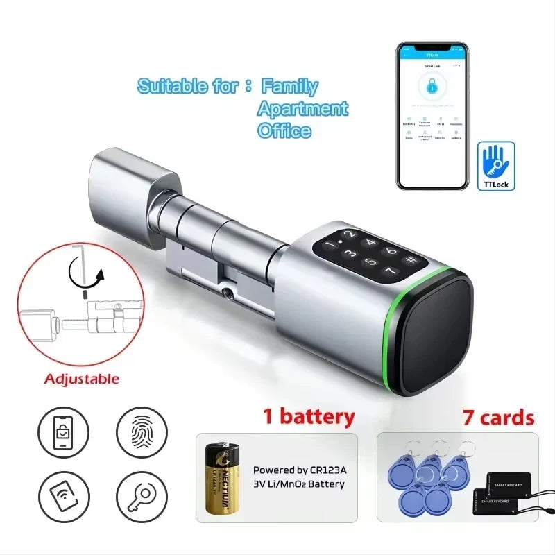TTLock App Control Password RFID Card Euro Cylinder Door Lock Smart Lock Digital Keyless Replace Alexa (No Fingerprint)