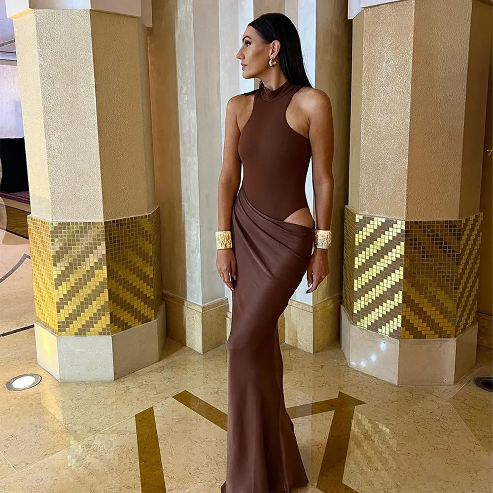 JULISSA MO Satin Sexy Hollow Out Women Maxi Dress Black Sleeveless High Waist Dress Female Autumn Skinny Elegant Party Clubwear 