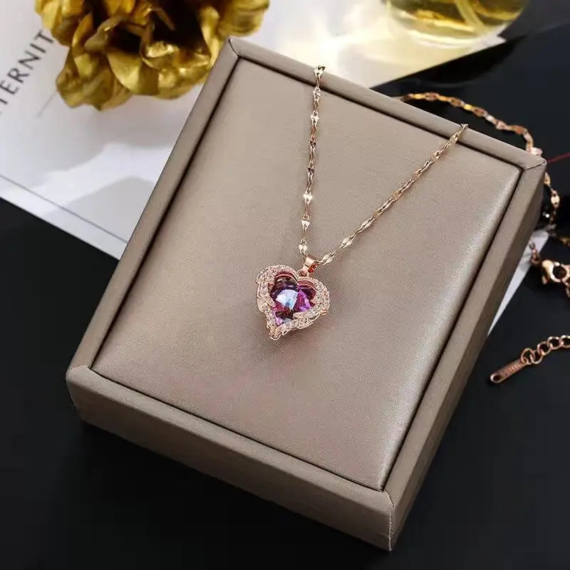 Top Luxury Colorful Crystal Ocean Heart Pendant Necklace For Women Trendy 316L Stainless Steel Jewelry Female Wedding Neck Chain 