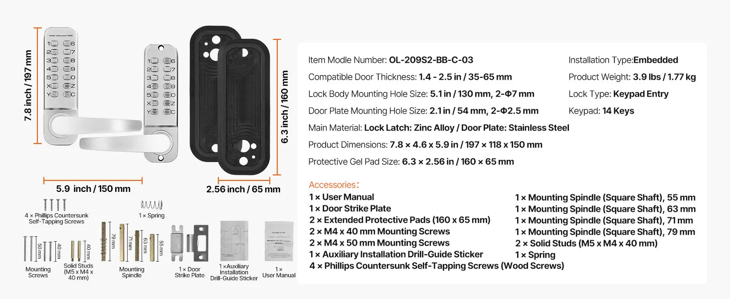 Mechanical Keyless Entry Door Lock with Auto Lock & Keypad