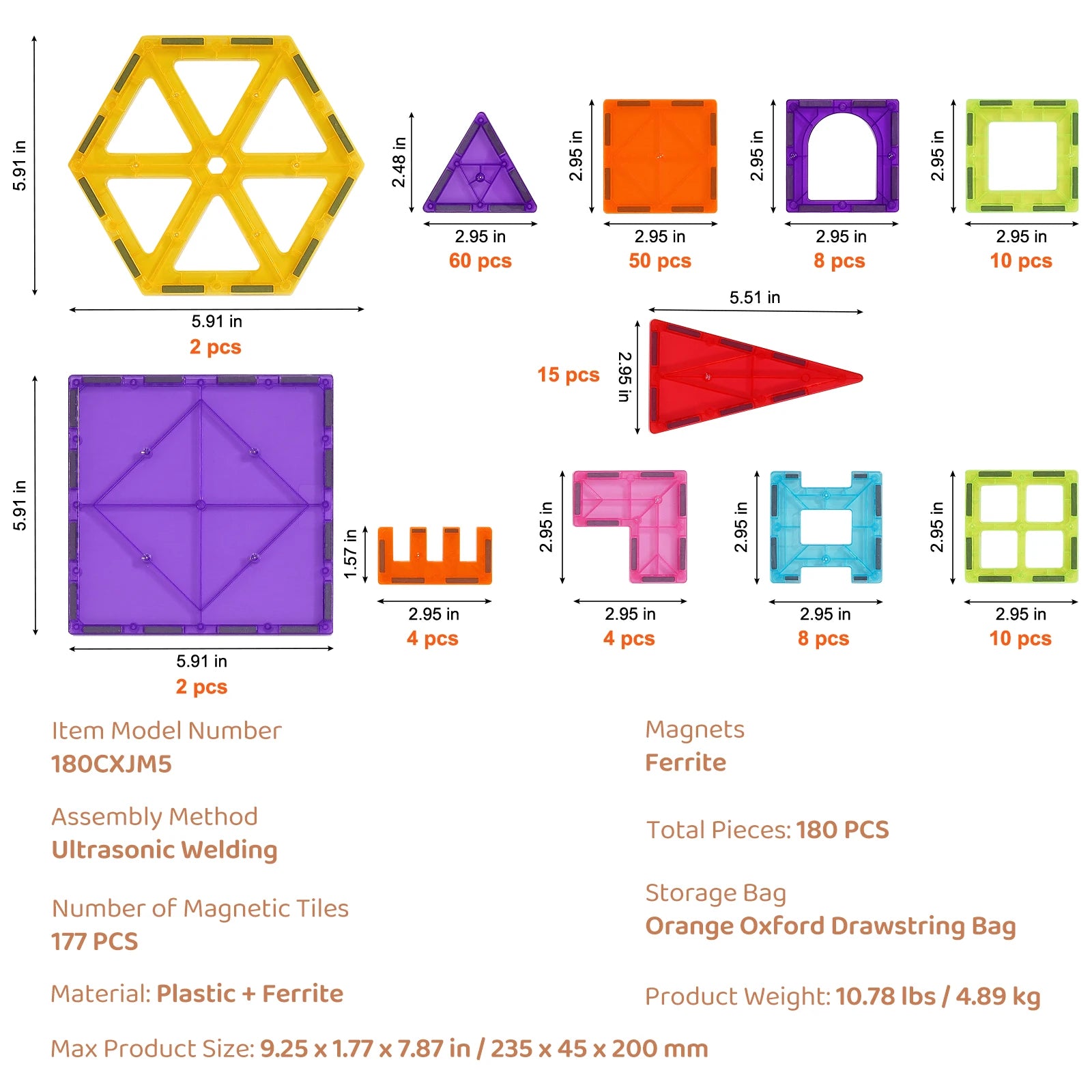 180PCS Magnetic Building Tiles Set with Storage Bag for Kids