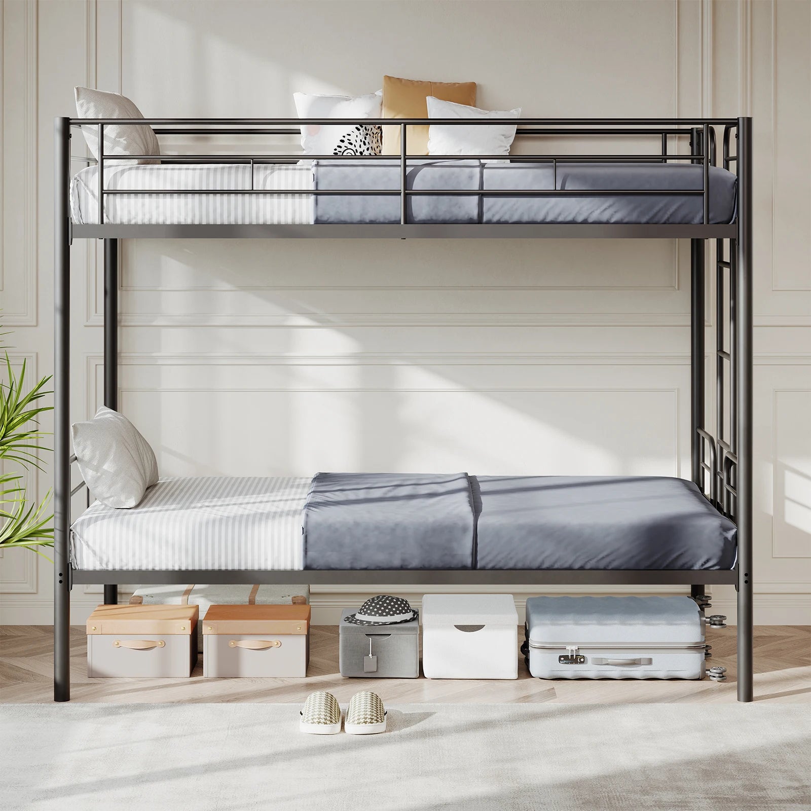 Heavy Duty Metal Bunk Bed Frame with Ladder & Guardrails