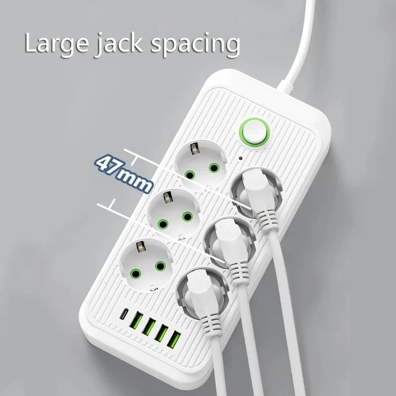 مقبس كهربائي ذكي متعدد المنافذ بقابس EU مع 6/8 فتحات EU و4 منافذ USB Type C وحماية من اندفاع التيار ومحول شحن الهاتف