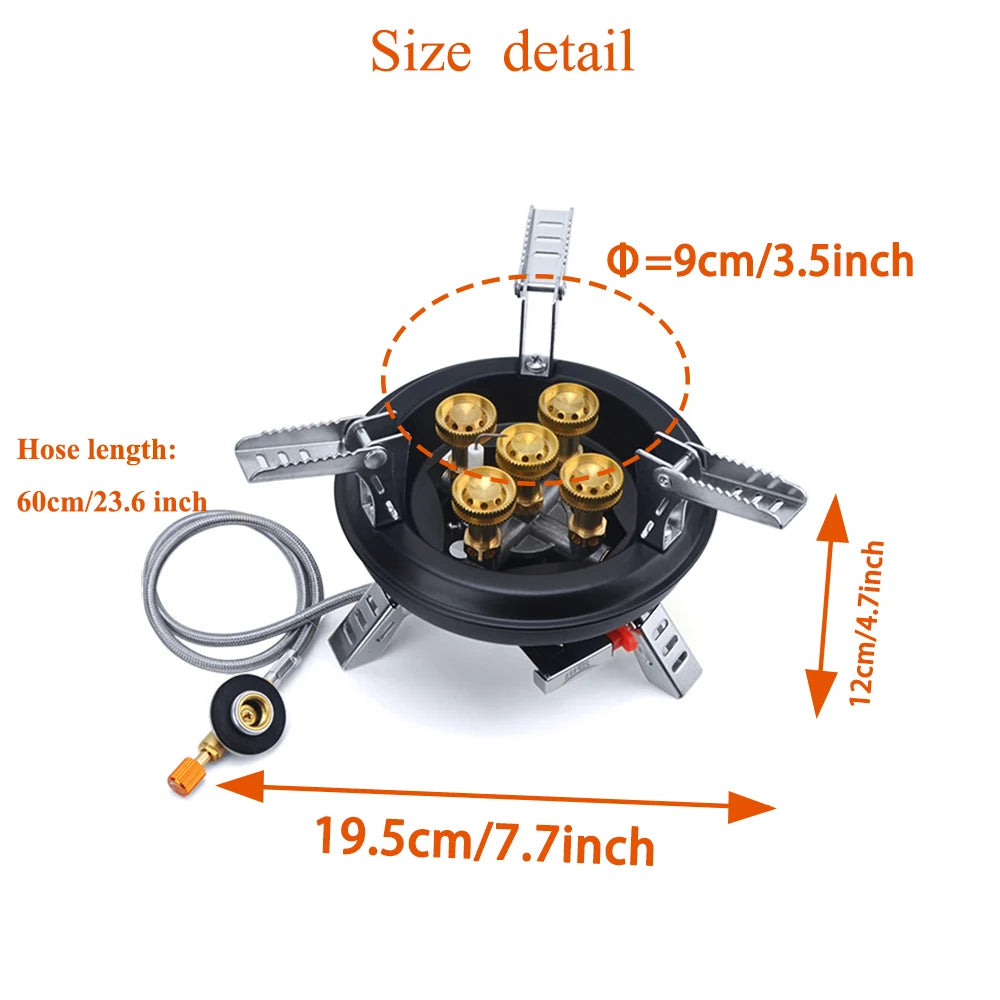 Five-Head Folding Camping Gas Stove with Piezo Ignition & Hose