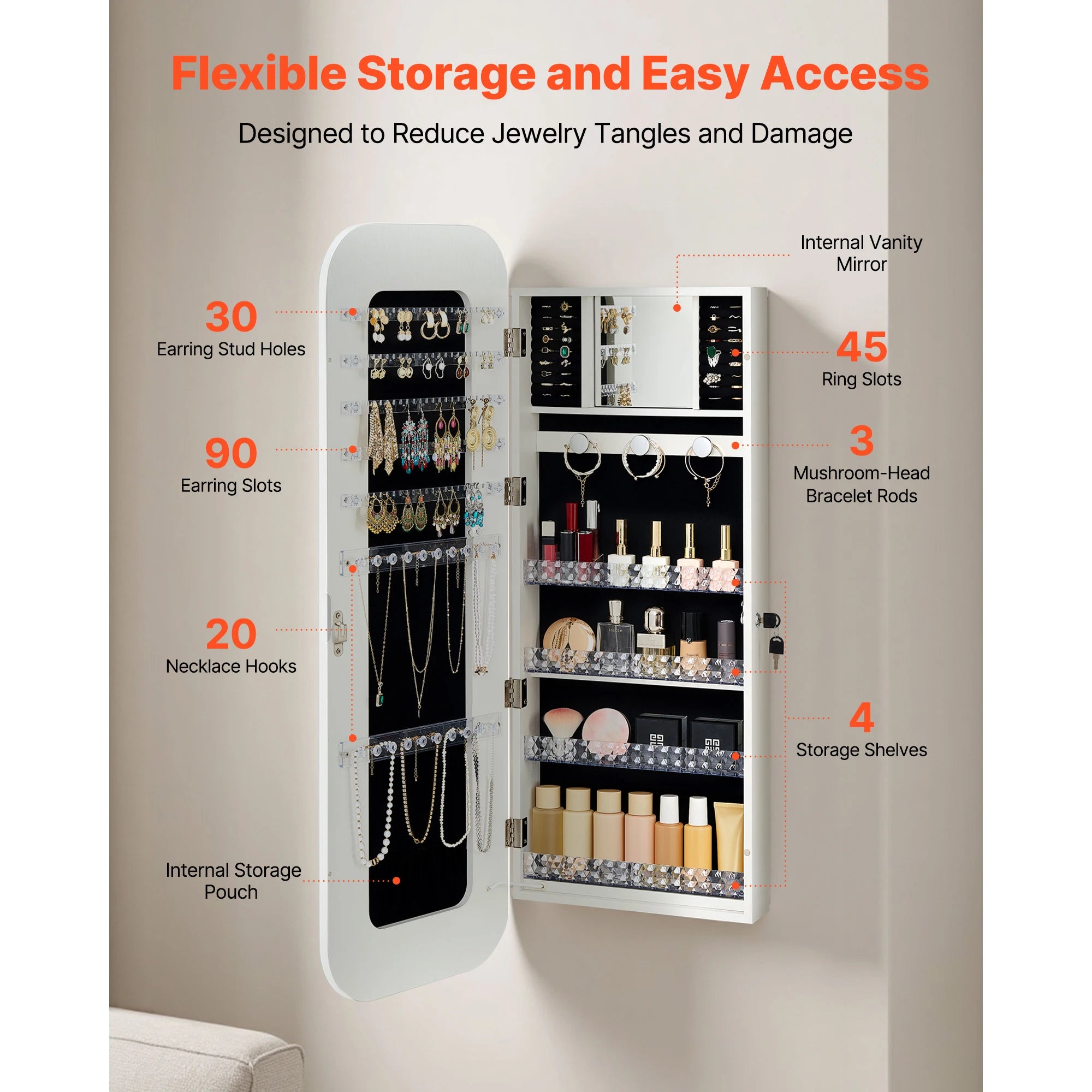 Full-Length Mirror Jewelry Cabinet with Lock & Hidden Storage
