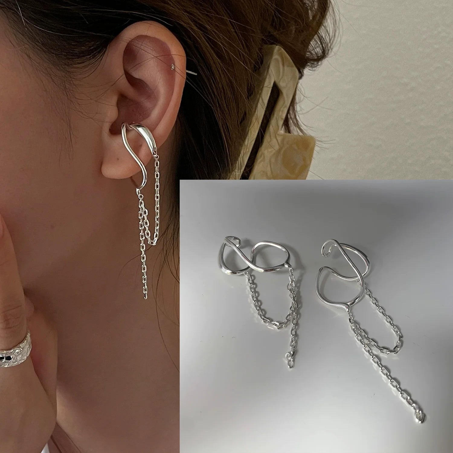 925 Sterling Silver CZ Star Moon Asymmetric Hoop Earrings