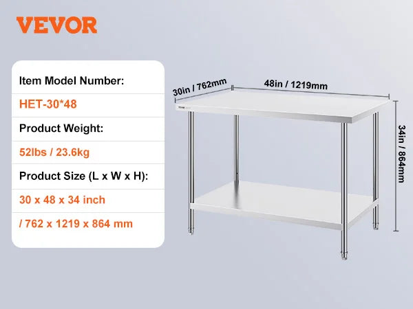 Table de préparation en acier inoxydable avec étagère réglable pour usage en cuisine