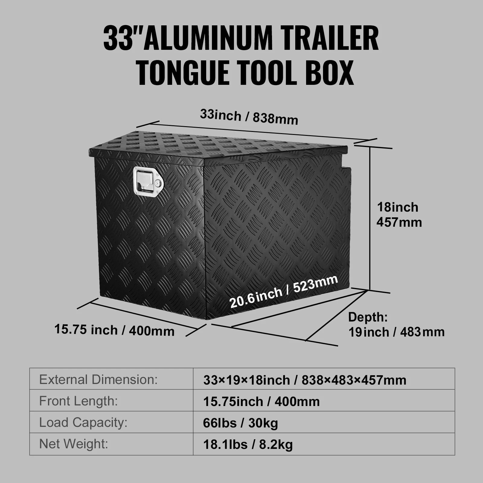 Coffre de rangement robuste en aluminium pour timon de remorque 33"