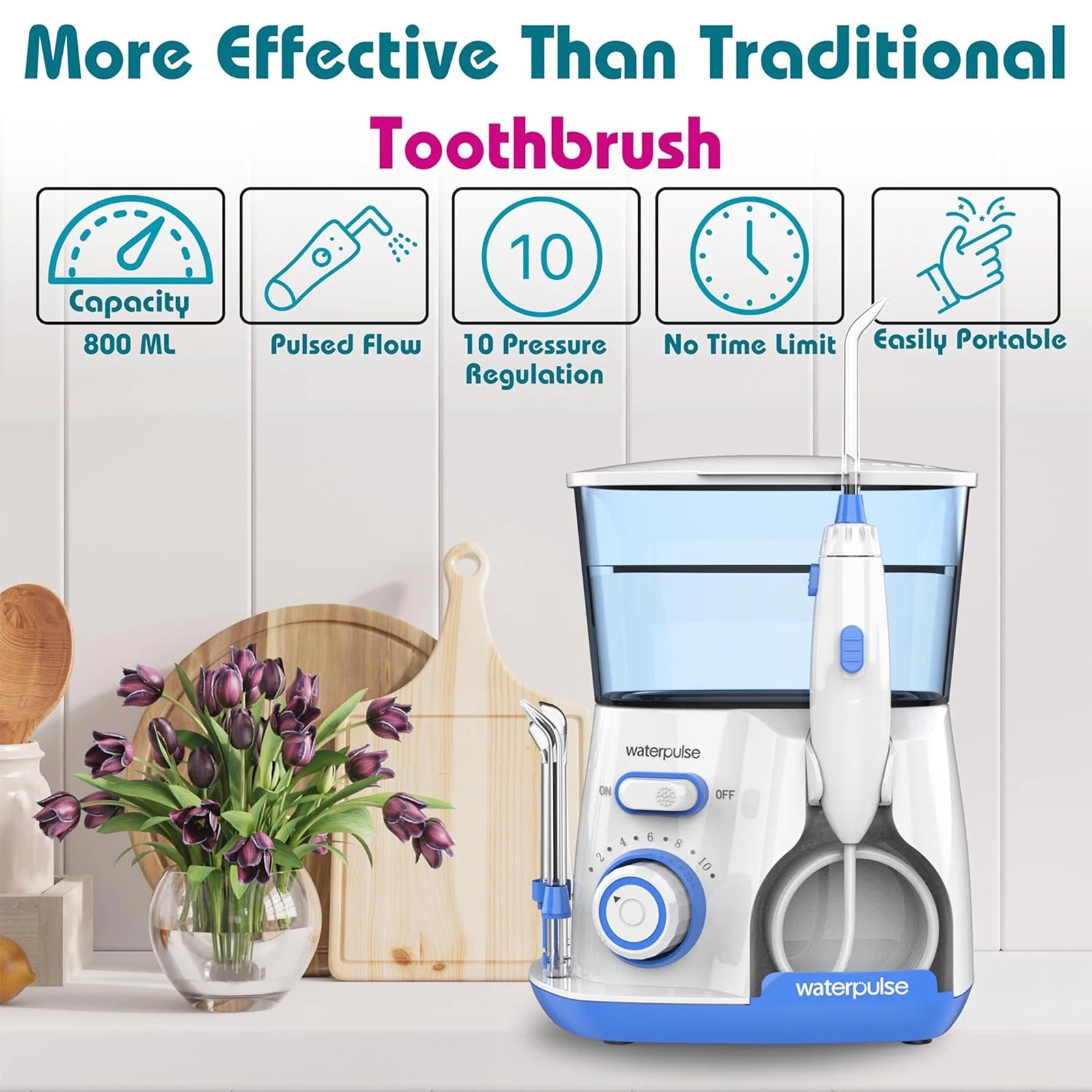 Waterpulse Electric Water Flosser Oral Irrigator, 800ML Large Capacity Dental Water Hygiene Flossing Teeth Cleaner with 5x Tips 