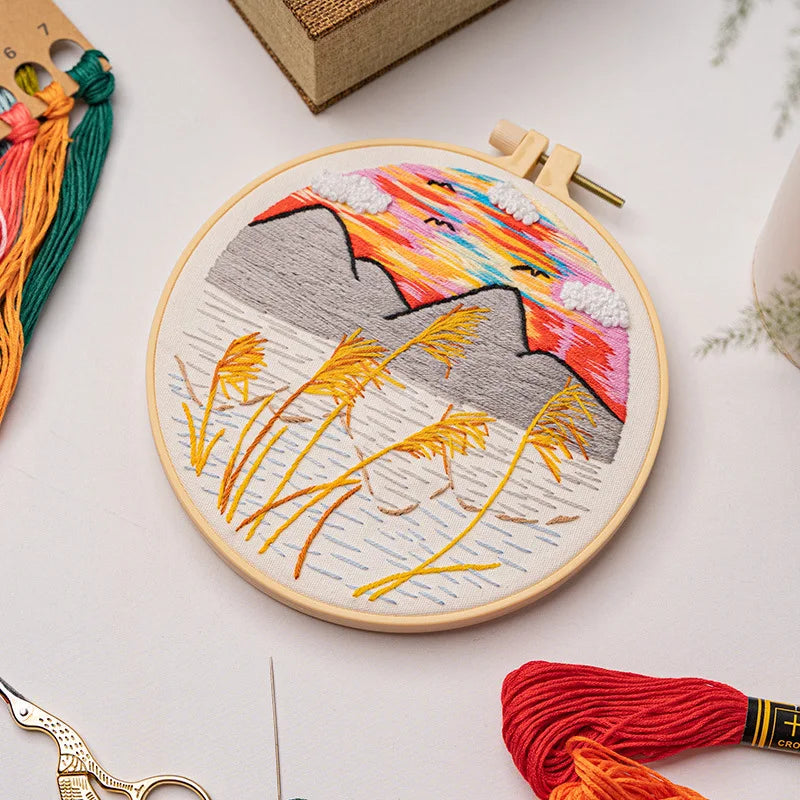 Printed Landscape Embroidery Kit, Hoop Options