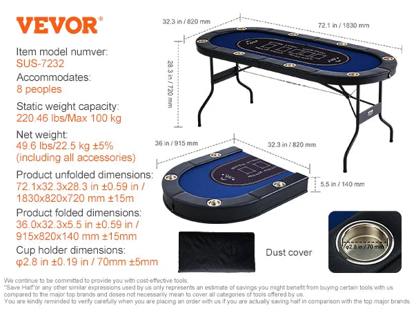 8 Player Foldable Poker Table with Cup Holders & Padded Rails