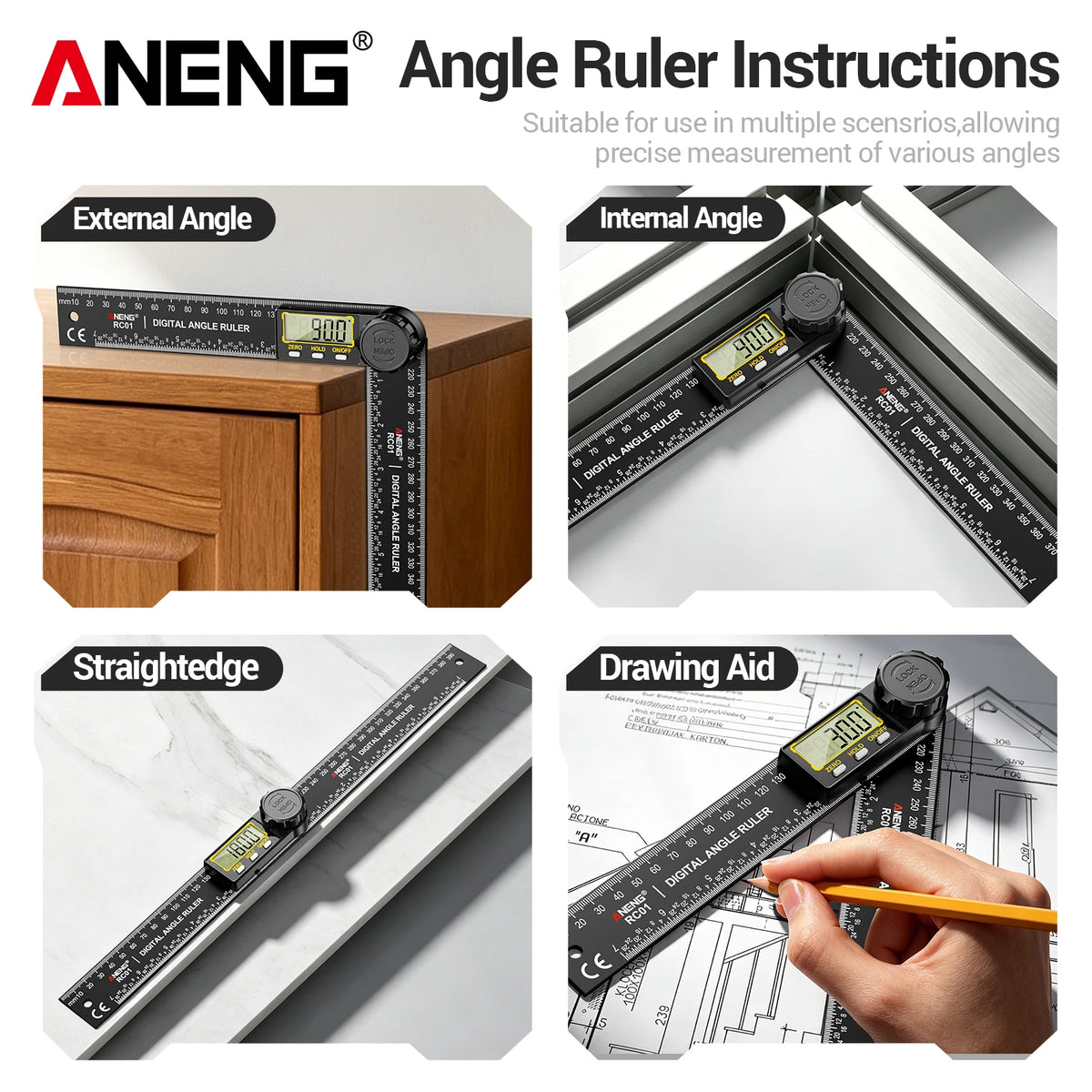 محدد زوايا رقمي ANENG RC01، من 0 إلى 999.9°