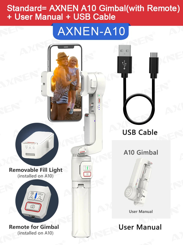 AXNEN A10 Handheld Gimbal Smartphone Stabilizer with Fill Light Extension Rod Remote Cellphone Selfie Stick for iPhone Samsung 