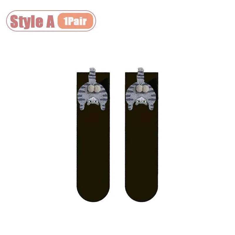 Cartoon Cat Egg Couple Socks Cozy Mid-Calf Cotton for Maternity Warm Winter Cute Present for Christmas Cat Lovers Family 