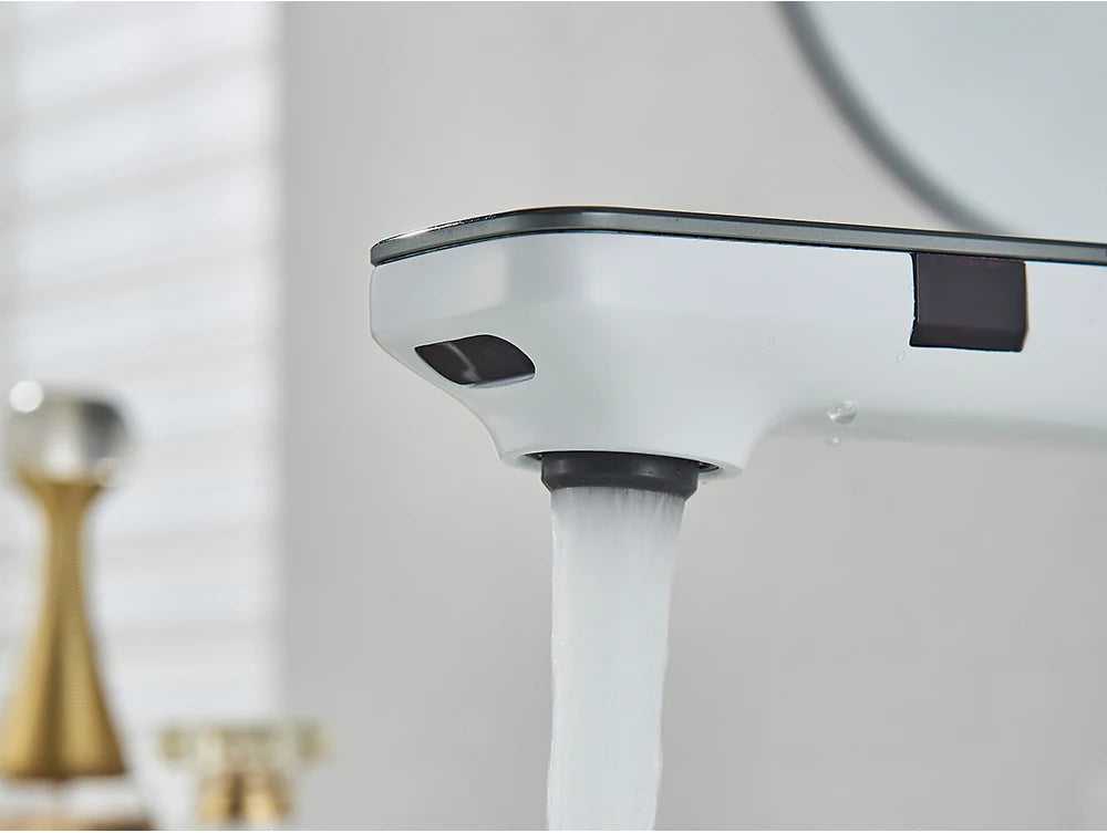 White Smart Sensor Basin Faucet Screen Digital Display Hot Cold Water Mixer Tap Touchless Vanity Sink Faucet For Bathroom 