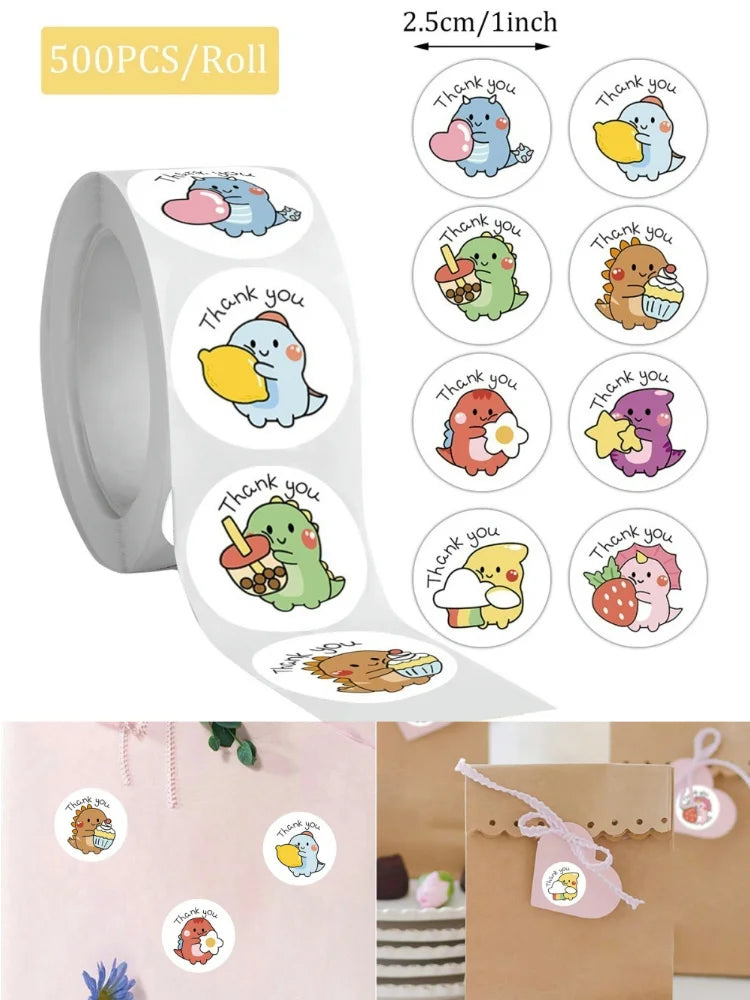 Cartoon Dinosaur Thank You Stickers – 1 Inch Adhesive Labels