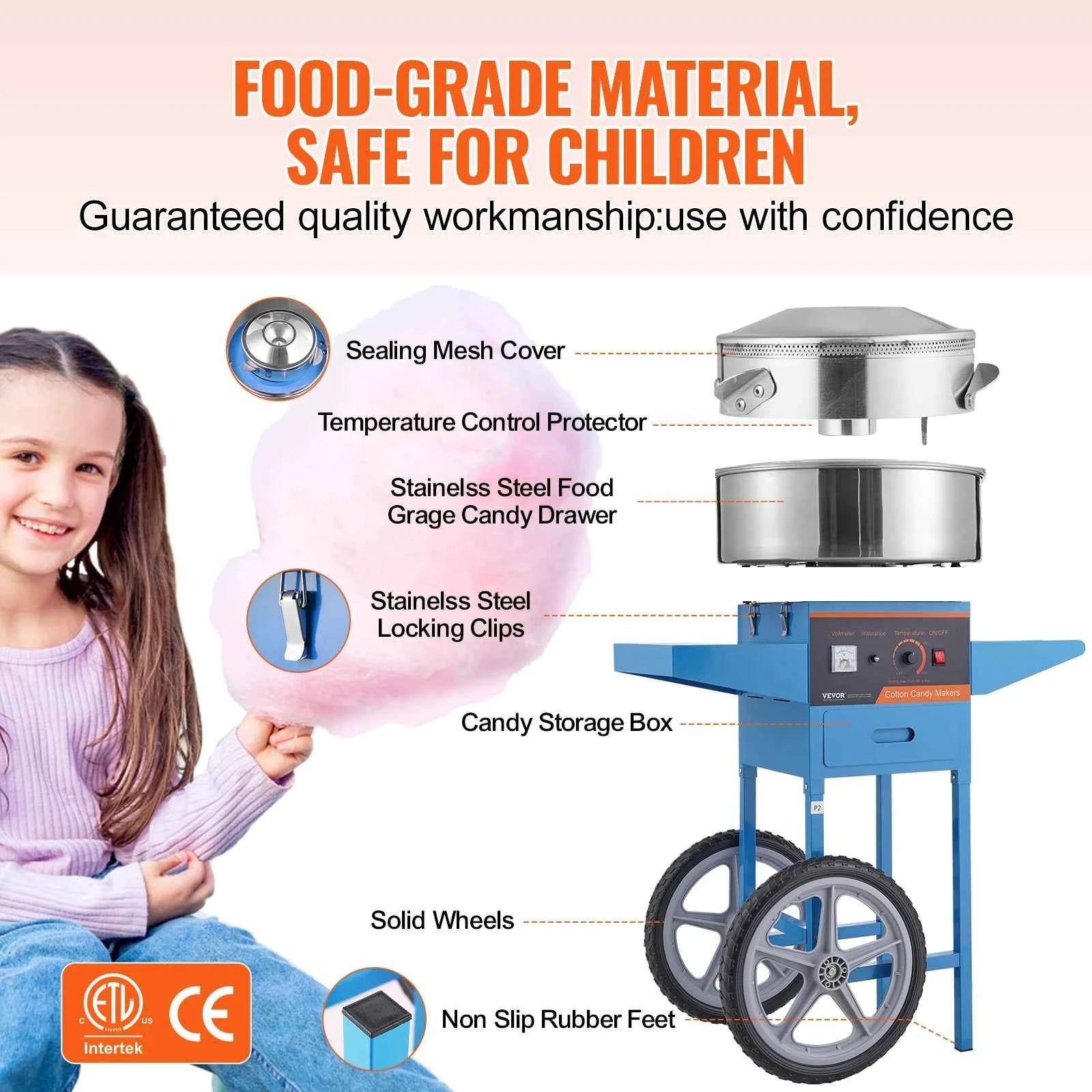 Electric Cotton Candy Machine with Cart, Stainless Steel Bowl, Scoop and Drawer