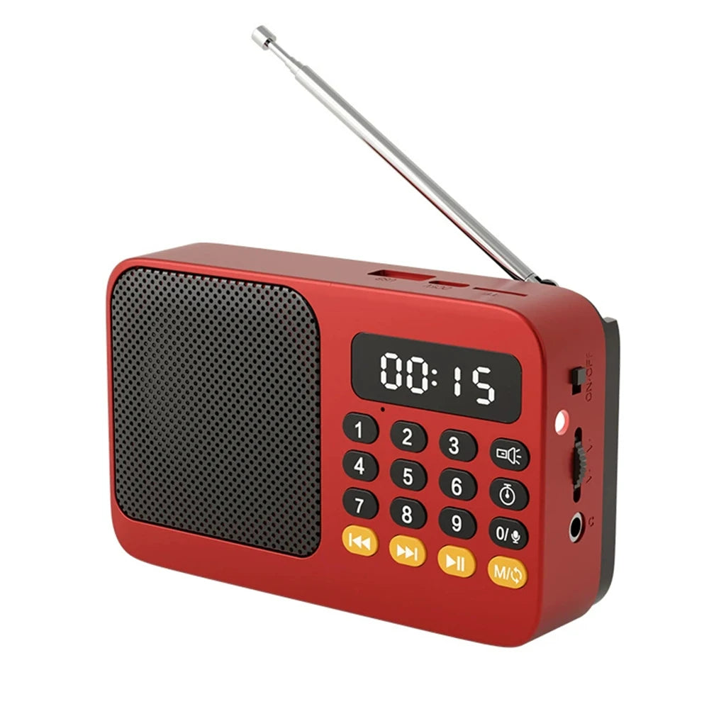 Rádio FM portátil e leitor de MP3 com ecrã LED