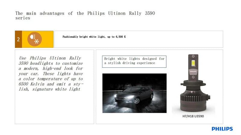 Philips LED 15000lm Ultinon Rally 3590 H4 H7 H8 H11 HB3 HB4 H19 HIR2 H1 Auto světlomet 6500K Bílý Max Power 180W 12V 4200K U359N