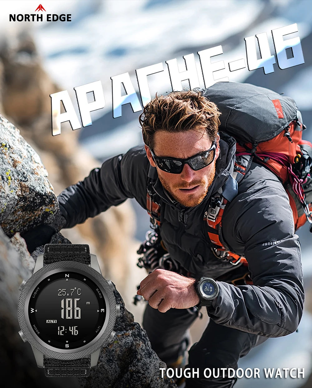NORTH EDGE APACHE-46 Men Digital Watch Outdoor Sports Running Swimming Outdoor Sport Watches Altimeter Barometer Compass WR50M 