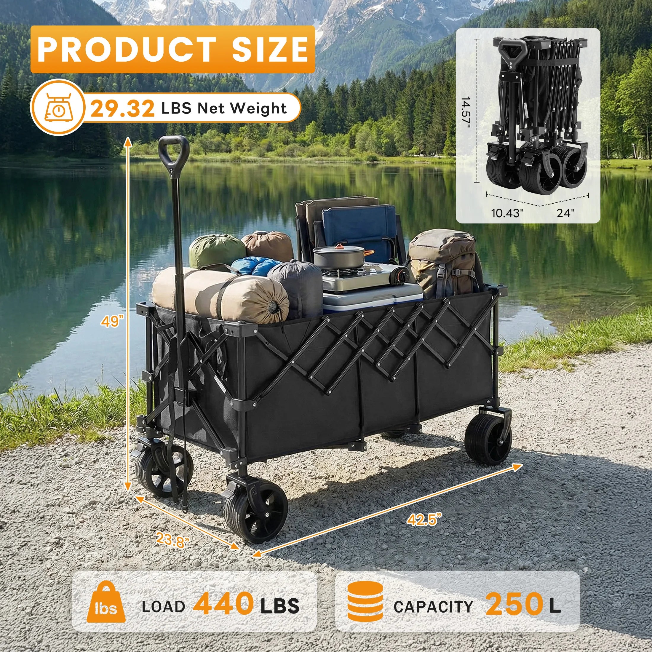 Carrello da giardino e spiaggia pieghevole JHK capacità 440 lbs, grande, pieghevole e richiudibile, carrello utility per la spesa e lo sport
