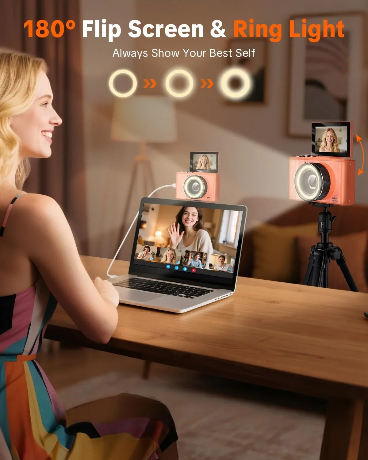 4K Vlogging Camera with 180° Flip Screen, Ring Light, Beauty Mode, 32GB SD Card