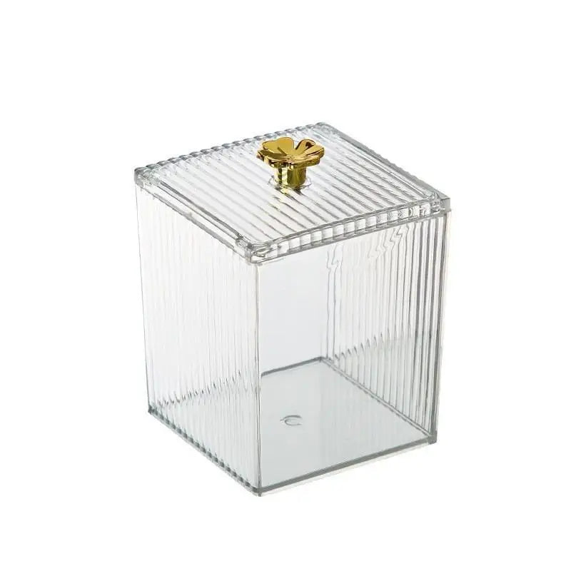 〔Q〕Transparenter Organizer aus Kunststoff für den Schreibtisch mit goldfarbenem Rand, staubdichte Aufbewahrungsbox, Schmink- und Schmuckhalter für Kosmetiktisch und Büro