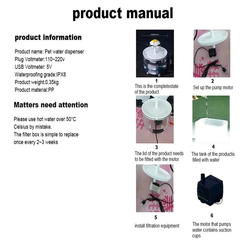 Automatic Pets Water Fountain with Quiet USB Filtration