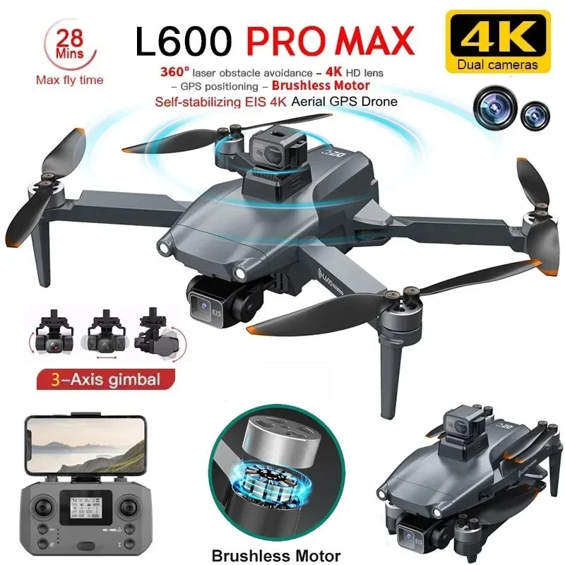 New L600 PRO MAX/PRO GPS Drone 5KM 4K Professional HD Dual Camera 3-Axis Gimbal 360° Obstacle Avoidance Brushless Quadcopter Toy 