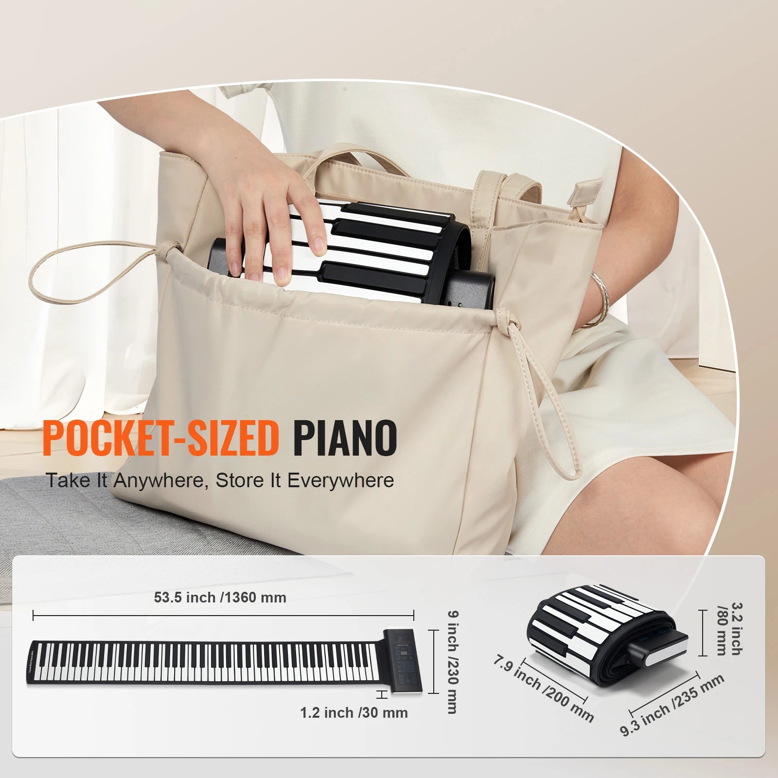 88-Key Roll Up Piano Keyboard with 128 Tones & Rechargeable Battery