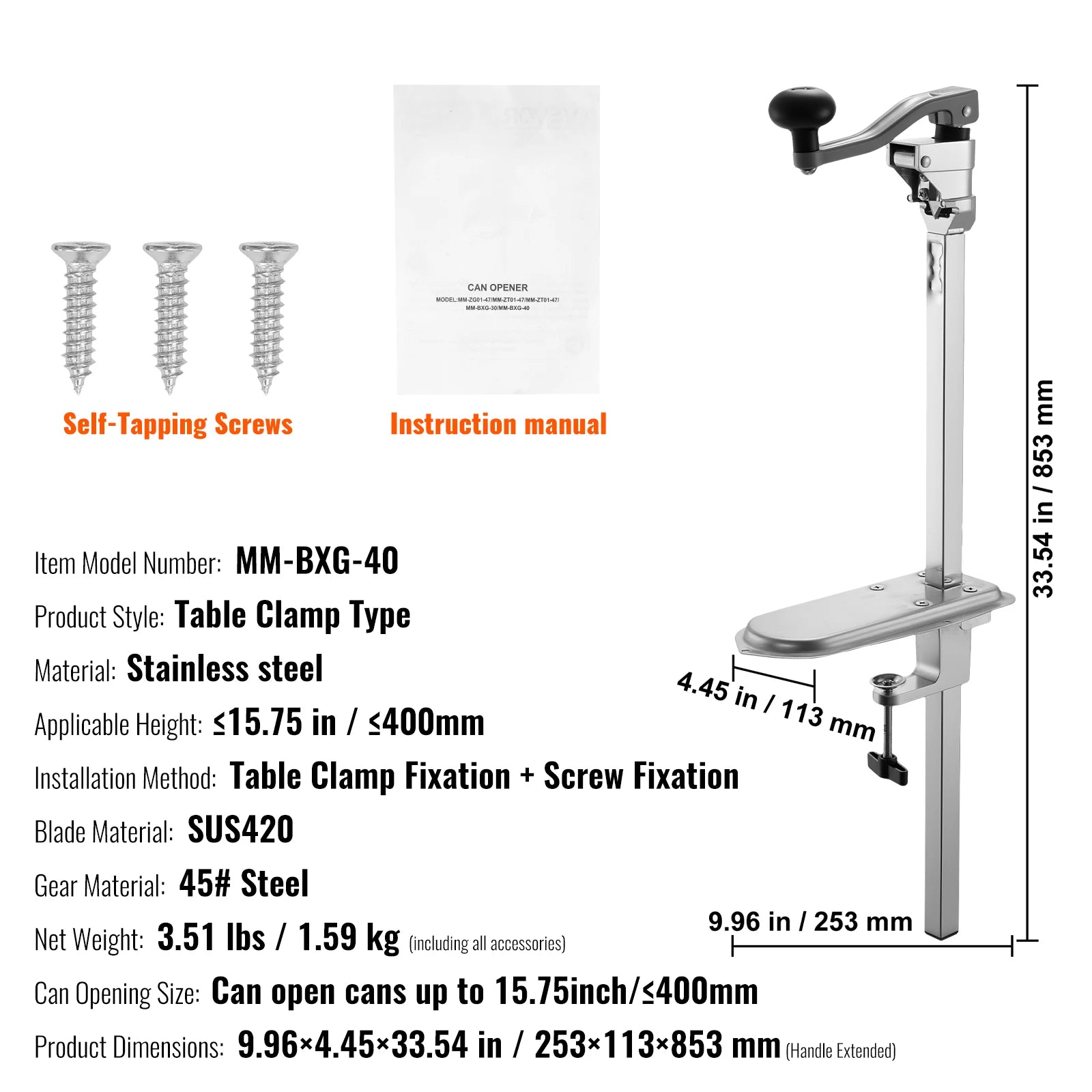 Commercial Manual Can Opener with Table Clamp & Adjustable Height