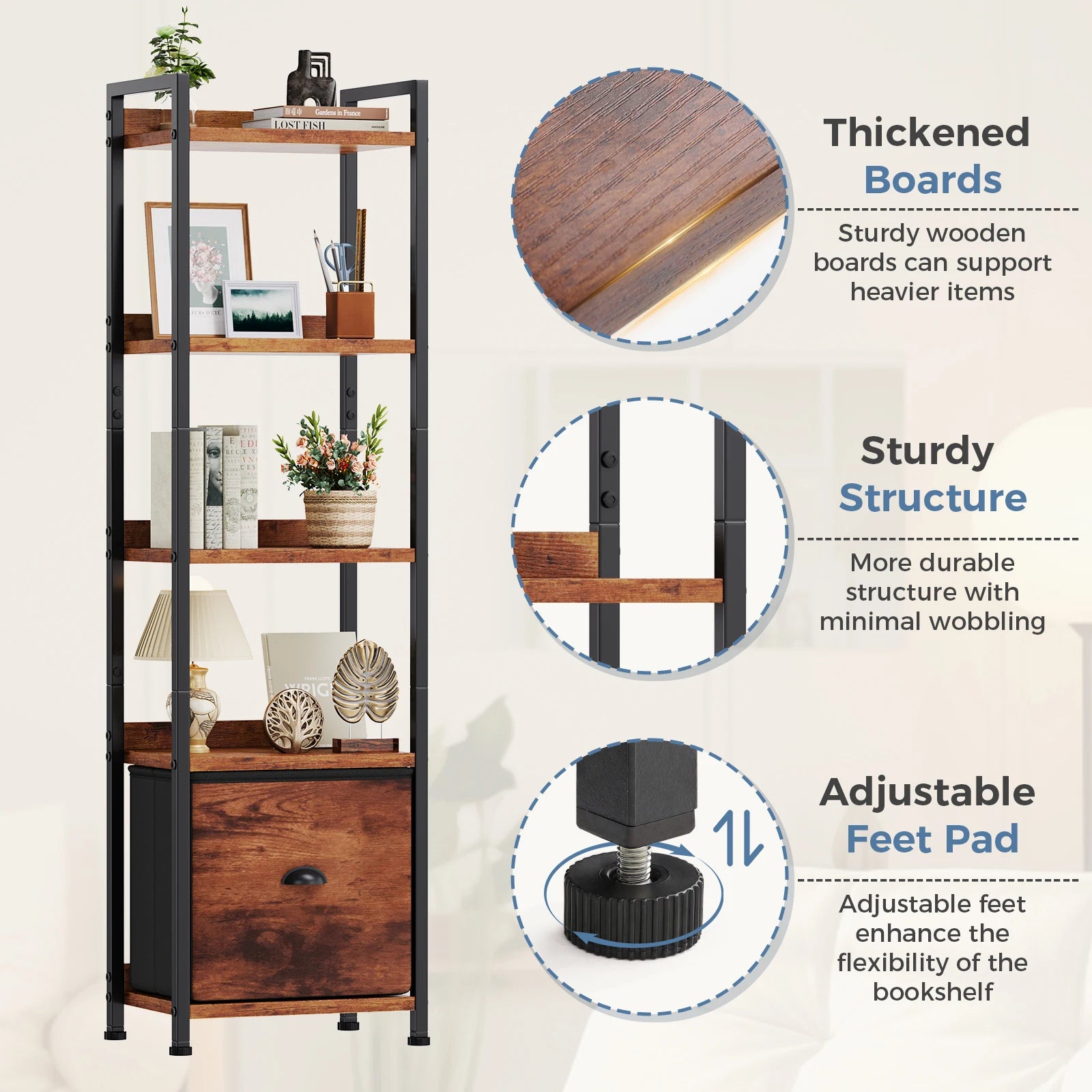 5 Tier Wood Bookshelf with Fabric Drawer Storage Organizer Shelf